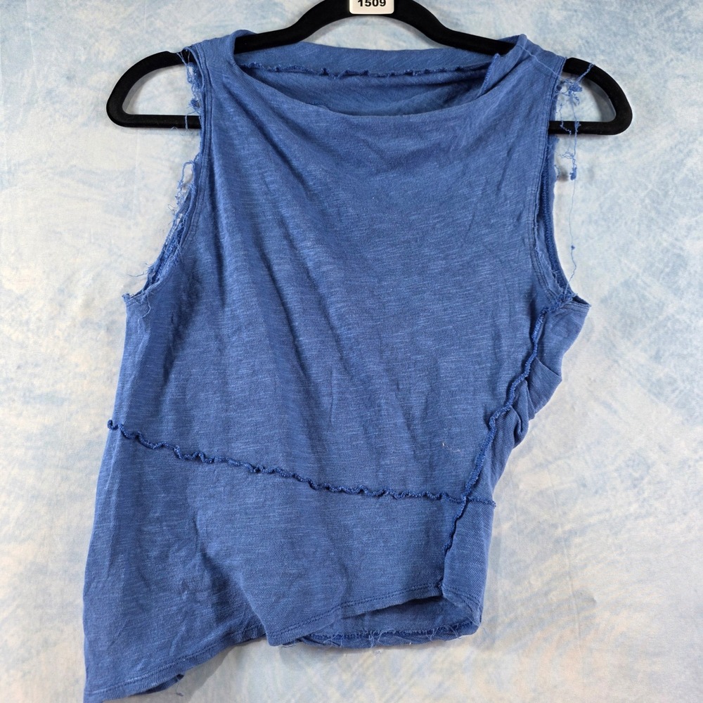 We The Free Free People Blue Deconstructed Sleeveless Top Medium Raw Edge Slub